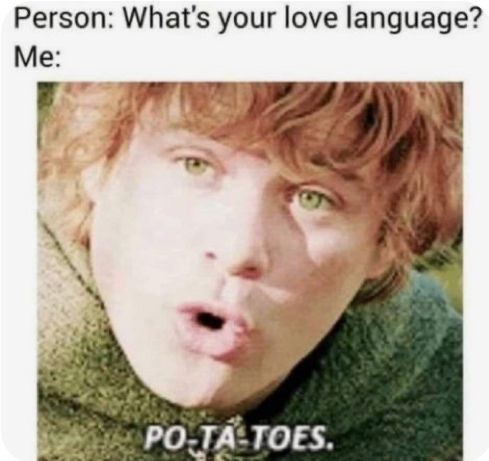 Sam from The Lord of the Rings under the line &ldquo;Person: What&rsquo;s your love language? Me:&rdquo;, saying &ldquo;PO-TA-TOES.&rdquo;