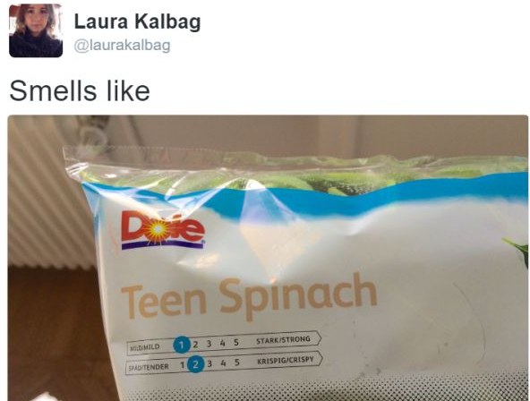 a tweet reading &ldquo;Smells like&rdquo; over a photo of a Dole bag labelled &ldquo;Teen Spinach&rdquo;