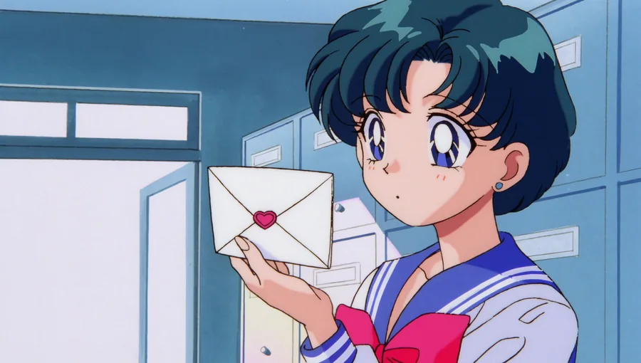 Ami in the school shoe-locker hallway, holding up a white envelope sealed with a pink heart
