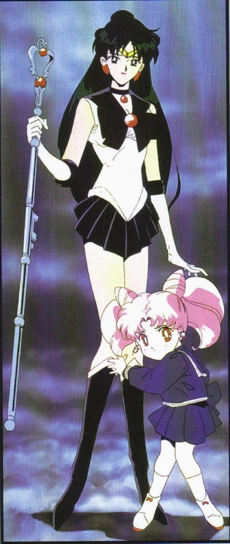 Sailor Pluto standing full-length against a misty purple ground, her tall staff in one hand, while a small Chibiusa in her dark school uniform holds on to her leg and leans against it