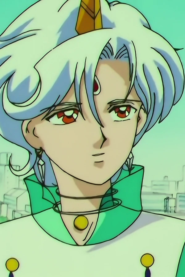 Helios in the 90s anime, head and shoulders, the city behind him