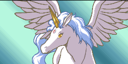 Pixel-art Pegasus, white with lilac wings and a golden horn