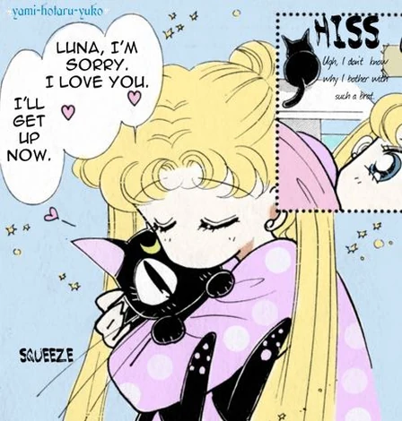 Manga colour page: Usagi asleep in pink pyjamas, hugging Luna tight, with "Luna, I&rsquo;m sorry. I love you. I&rsquo;ll get up now." in a speech bubble and Luna hissing in a small panel