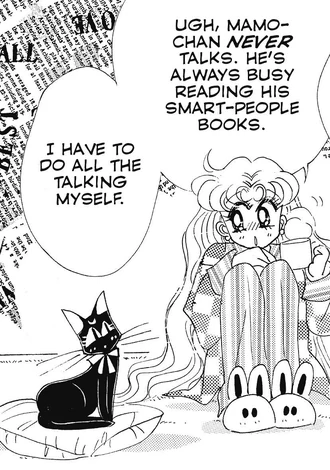 Manga page: Usagi in pyjamas and bunny slippers reading, complaining that Mamo-chan never talks, with Luna sitting on the floor beside her
