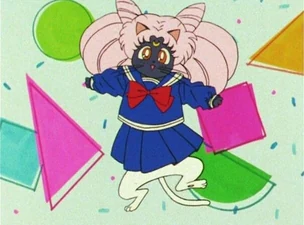 A cat with pink hair buns in a blue sailor uniform with a red bow, among bright pink, green and orange shapes