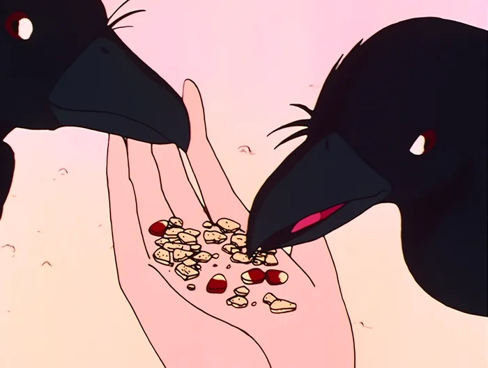 Phobos and Deimos eating seed out of Rei&rsquo;s cupped hand, one at each side of it.