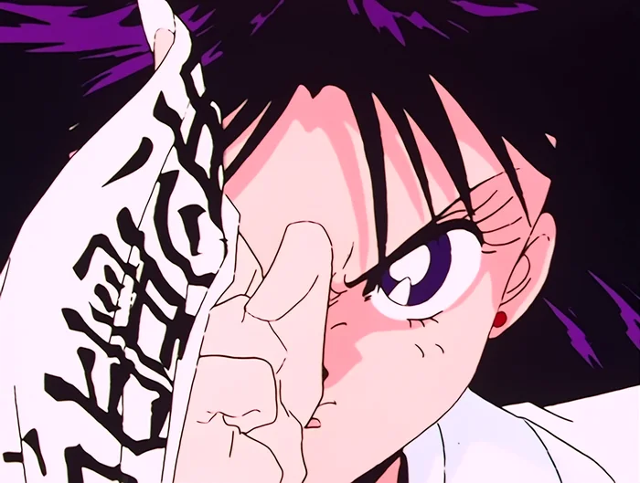 Rei holding an ofuda upright in front of her face, two fingers raised behind it, one eye showing.