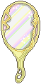 Pixel sprite of the Deep Aqua Mirror, a gold hand mirror with a pale rainbow glass.