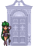 Pixel sprite of Sailor Pluto standing guard with the Garnet Rod in front of the tall pale Door of Space-Time.