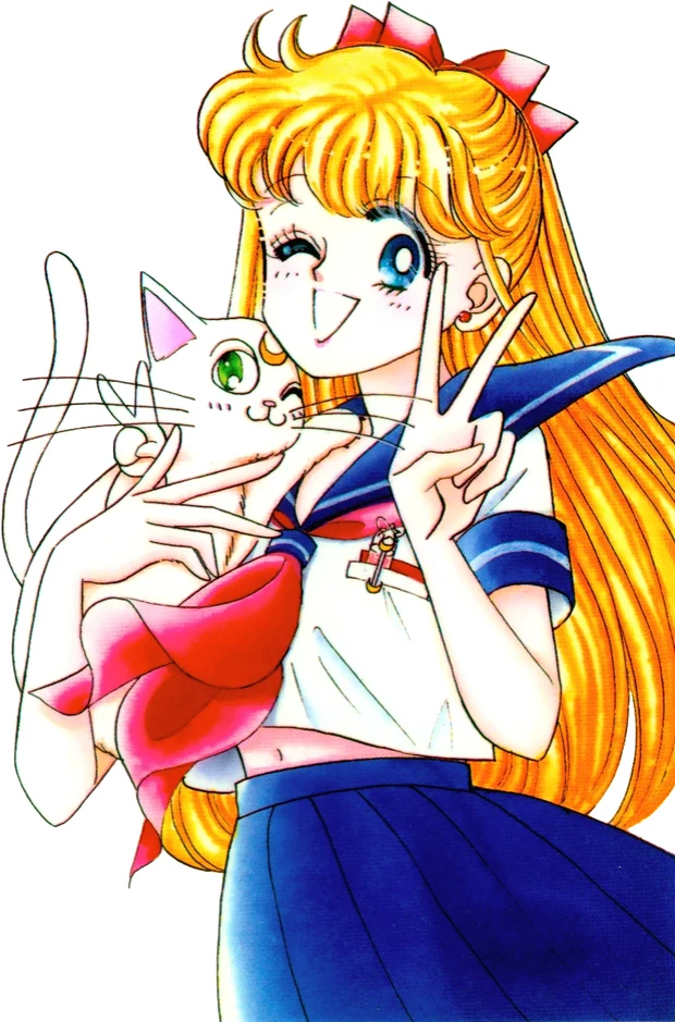 Minako in her school uniform, grinning with one eye shut, holding Artemis up against her shoulder and throwing a V sign with her free hand