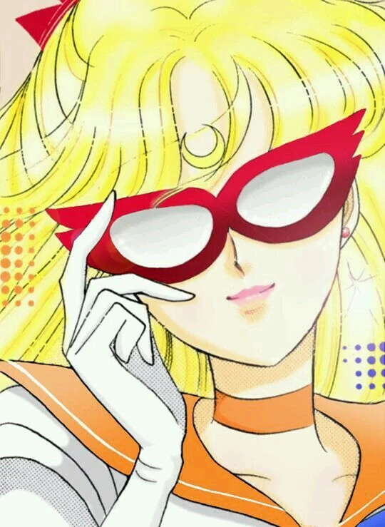Sailor V close up, lifting the red cat-eye mask away from her face with one gloved finger, the crescent showing on her forehead