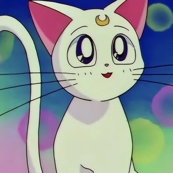 Artemis from the 90s anime, a white cat with a gold crescent on his forehead, sitting up and smiling against soft blue, green and pink lights
