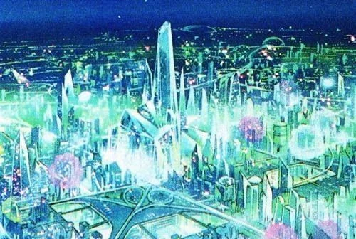 Crystal Tokyo in the 90s anime: a city of crystal spires and towers glowing green and blue at night, with a tall central spire