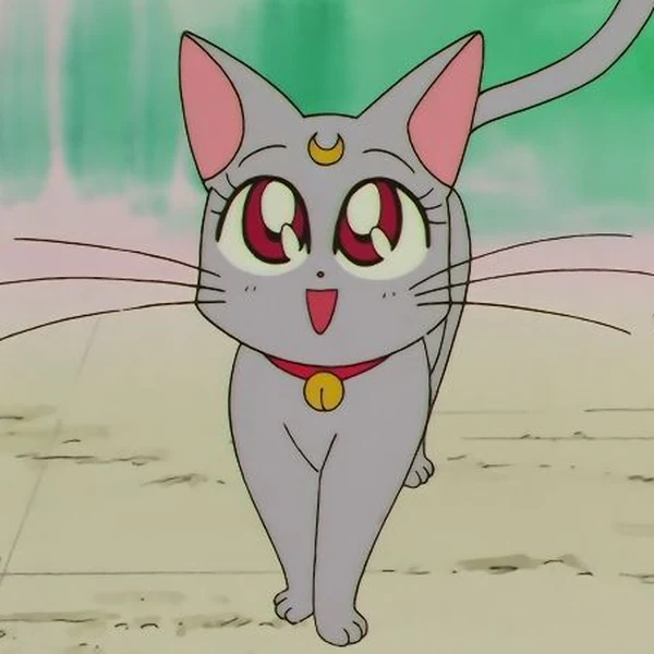 Diana from the 90s anime, a grey kitten with a gold crescent on her forehead and a bell on a red collar, trotting towards you with her mouth open