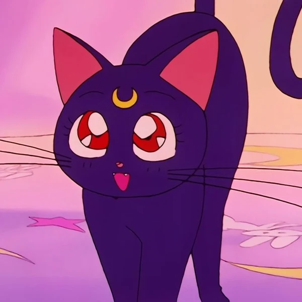 Luna from the 90s anime, a black cat with a gold crescent on her forehead, looking up with her mouth open, on a pink and lilac ground