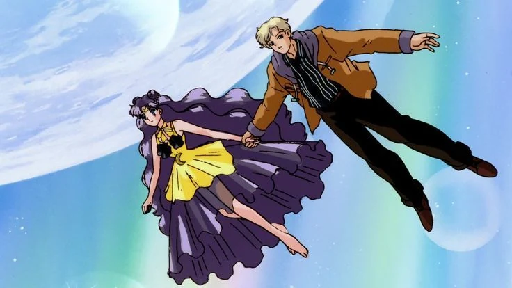 Luna in human form and Kakeru flying hand in hand through a pale sky with the Moon huge behind them