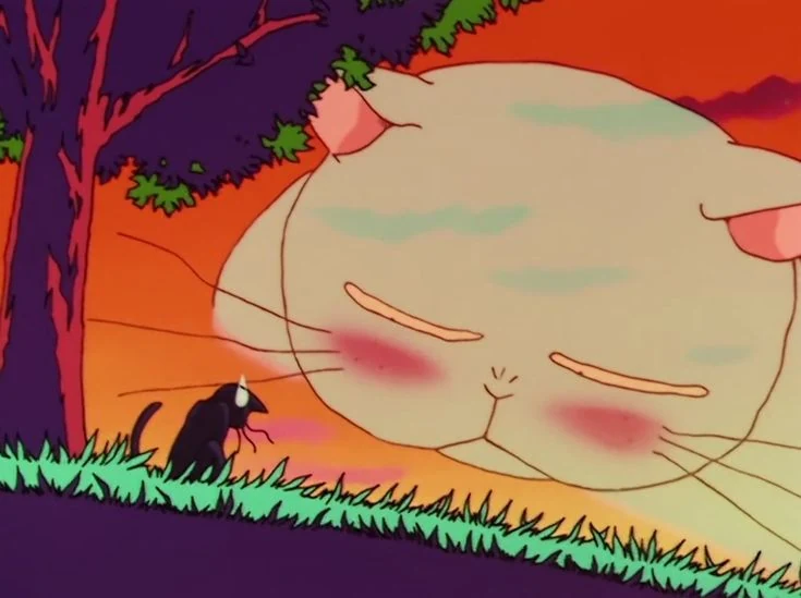 Rhett Butler, huge and blushing, gazing down at a small Luna under a tree at sunset