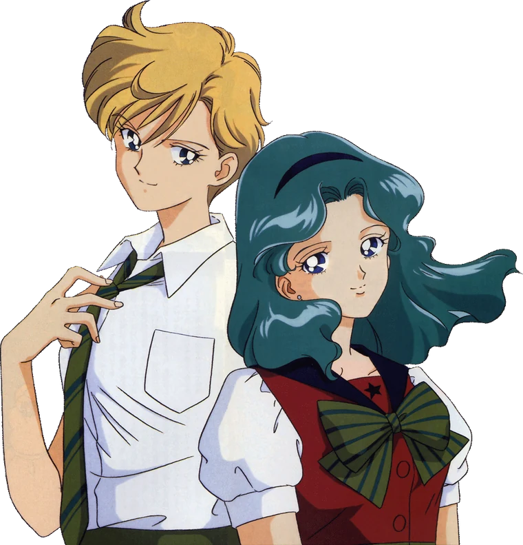 Haruka in a white shirt and loosened tie and Michiru in a red school pinafore and green bow, standing back to back and smiling