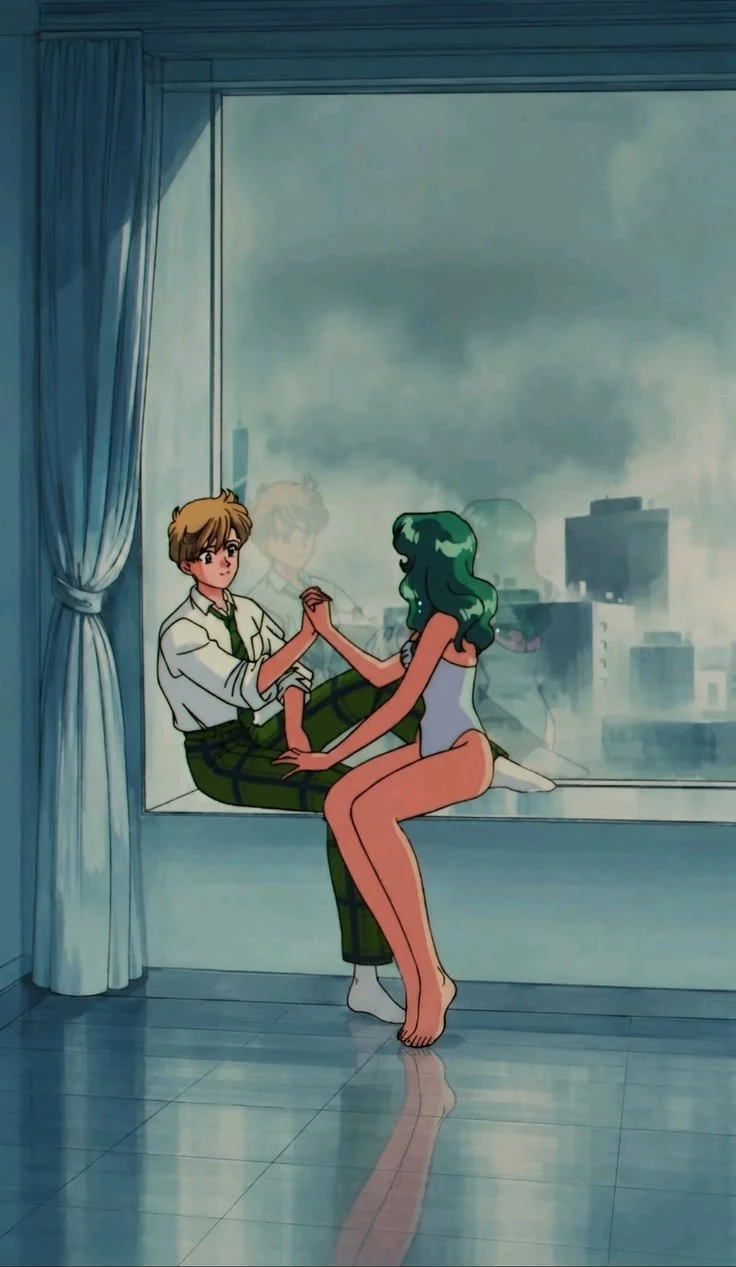 Haruka and Michiru sitting together on a wide window ledge holding hands, a grey city and clouds outside, from the 90s anime