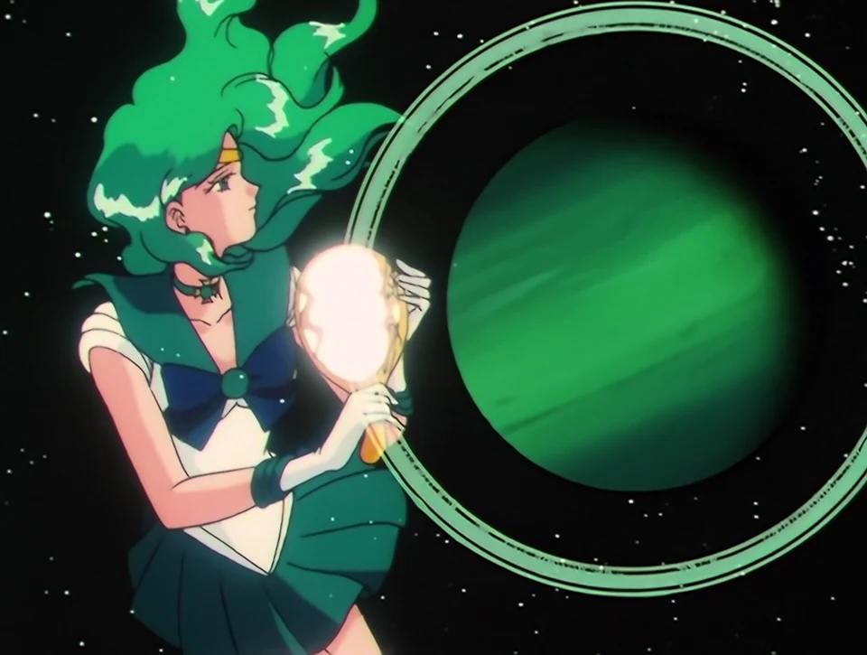 Sailor Neptune holding up the glowing Deep Aqua Mirror beside her green planet and its ring, from the 90s anime