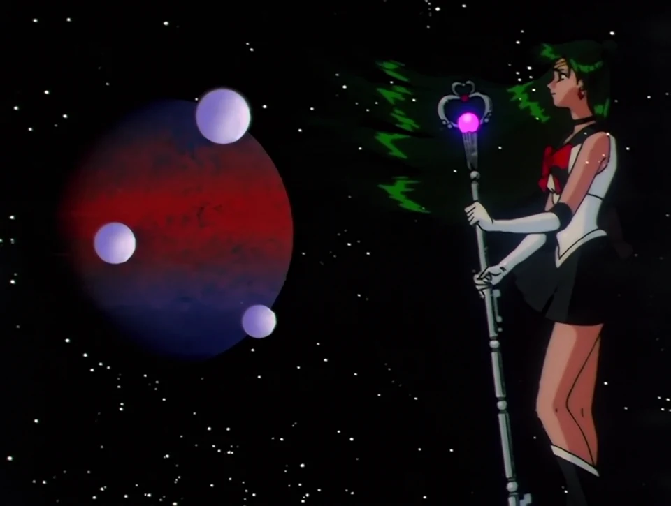 Sailor Pluto holding the Garnet Rod, its orb glowing, facing her red planet and its three moons, from the 90s anime