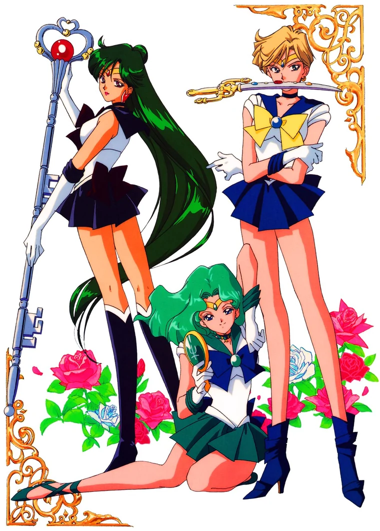 Anime illustration of Pluto with the Garnet Rod, Neptune kneeling with the Deep Aqua Mirror and Uranus with the Space Sword between her teeth, among pink and white roses inside gold corners