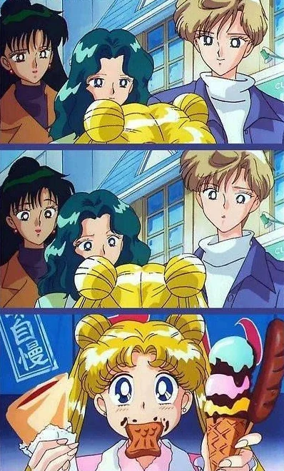 Three anime stills: Setsuna, Michiru and Haruka peer down at the top of Usagi&rsquo;s head, then lean in closer, then Usagi turns round with her mouth full, a cr&ecirc;pe in one hand and a tall ice cream and a corn dog in the other