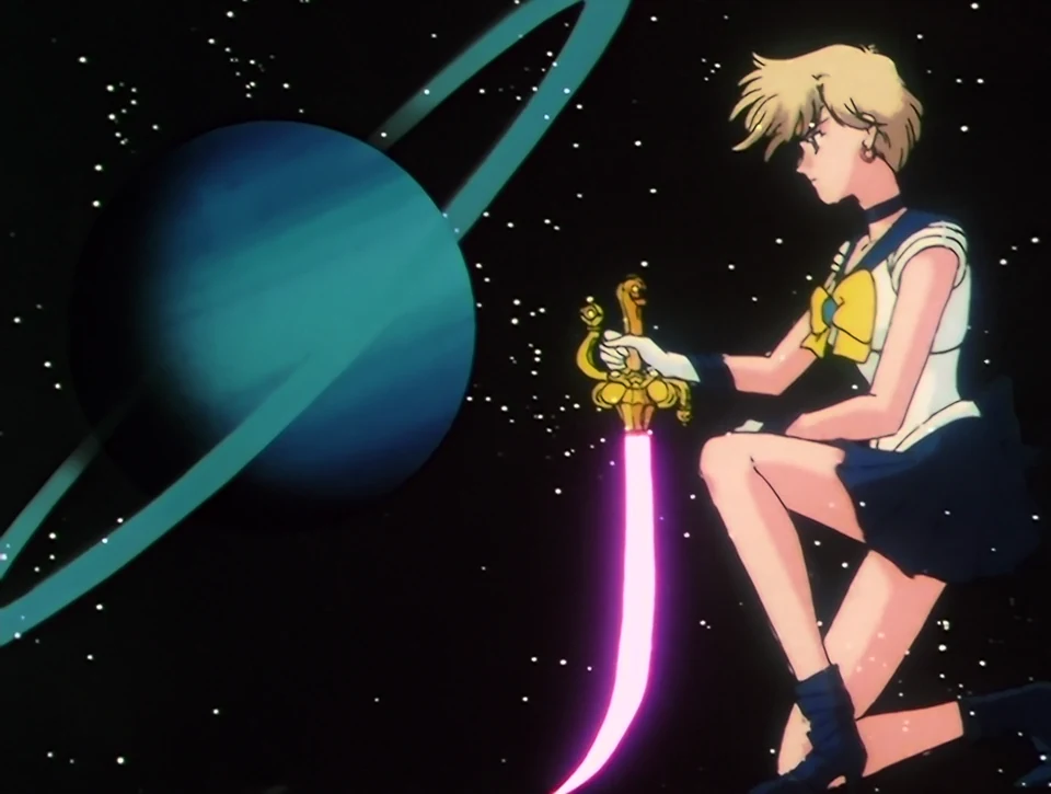 Sailor Uranus kneeling in space beside her planet and its ring, holding the Space Sword, its blade glowing pink, from the 90s anime