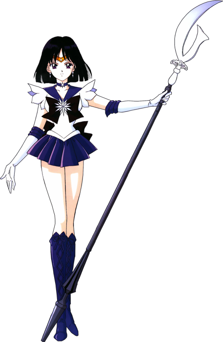Sailor Saturn standing with the Silence Glaive held upright.