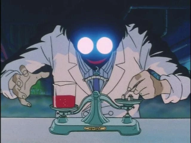 Professor Tomoe behind a pair of balance scales in a darkened lab, his face in shadow with two round white eyes glowing, a beaker of red liquid on one pan