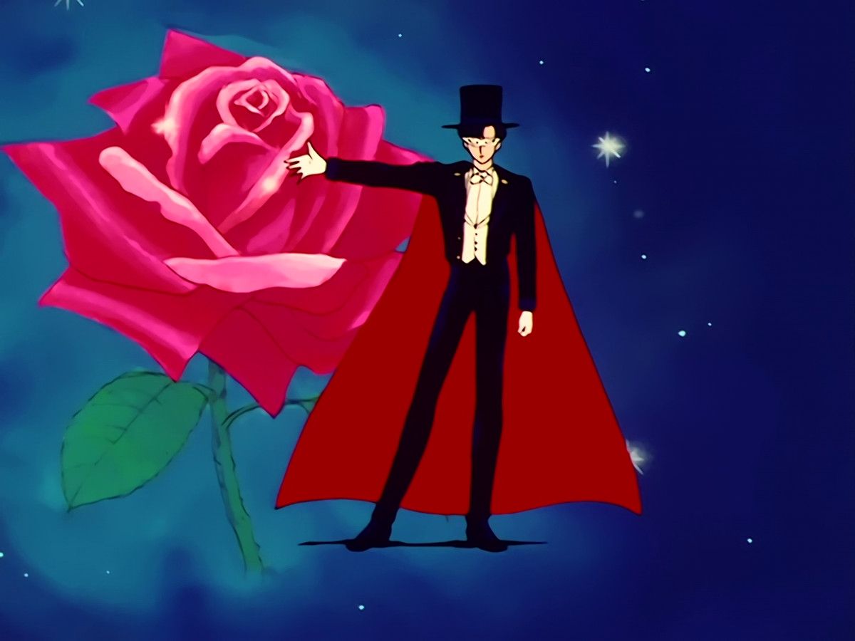 Tuxedo Mask standing full-length in his cape and top hat against a starry blue field, one arm held out to an enormous red rose beside him