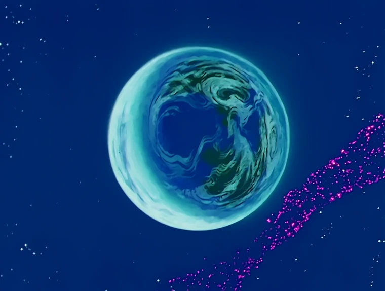 The Earth from space, a blue and green globe with a pale rim of light against the dark, from the 90s anime