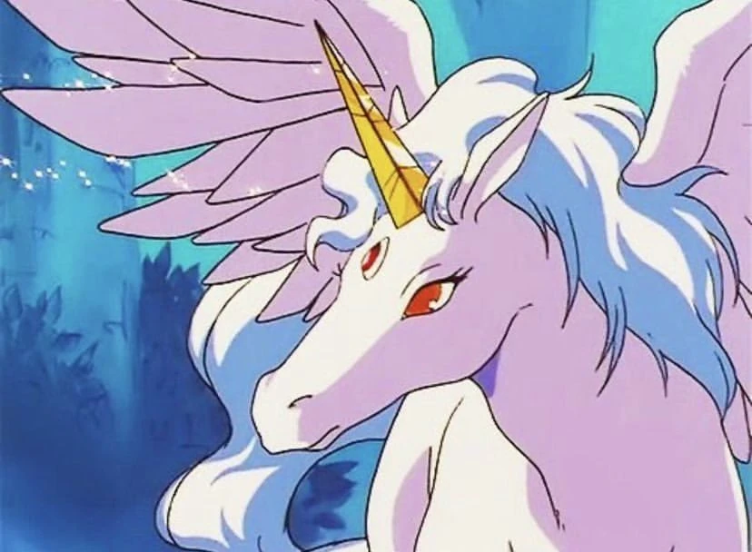 Pegasus from the 90s anime: a white winged horse with a pale blue mane and a golden horn, against a blue forest