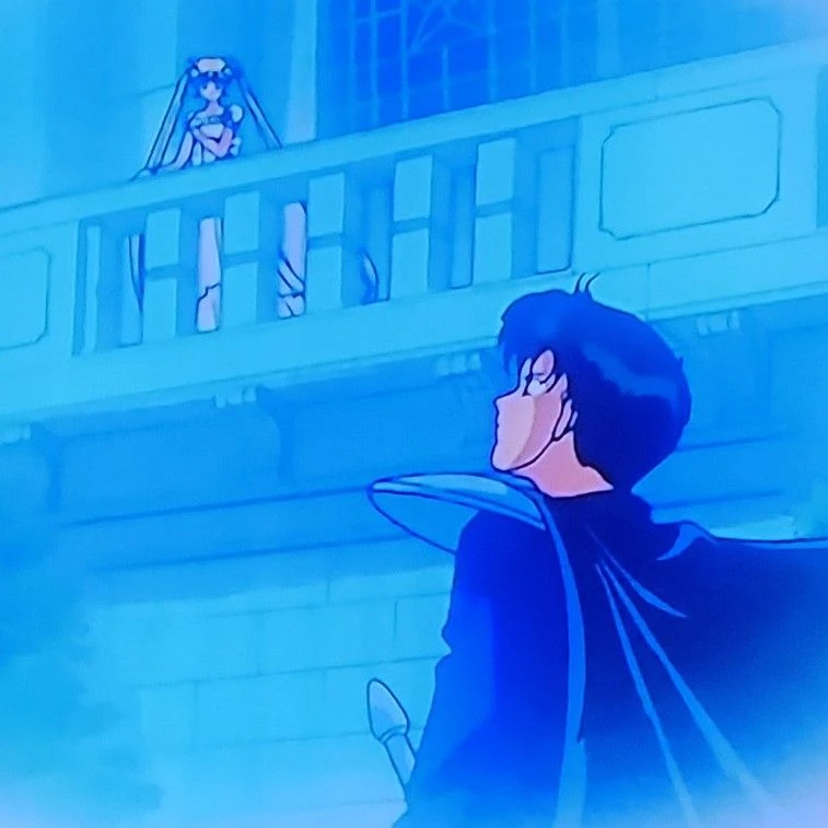 Prince Endymion from the 90s anime, cape over his shoulder, looking up at Princess Serenity on a palace balcony, all in blue