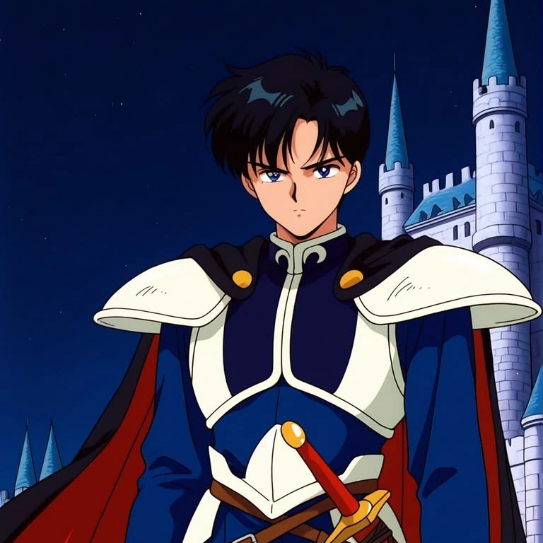 Prince Endymion in blue armour with white shoulder guards and a red-lined cape, sword drawn, a castle behind him under a night sky