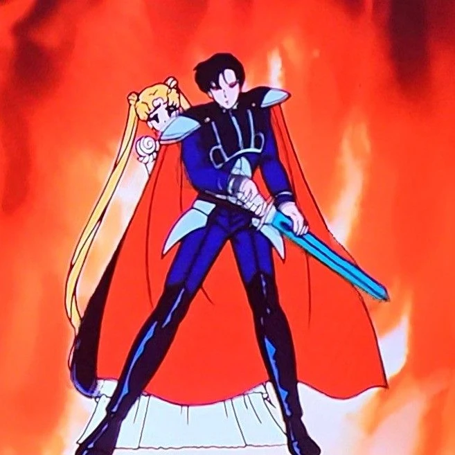Prince Endymion from the 90s anime, sword drawn, holding Princess Serenity against his shoulder in front of a wall of fire