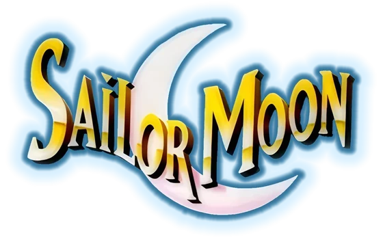 The English dub wordmark: SAILOR MOON in gold letters across a white crescent with a blue glow behind it