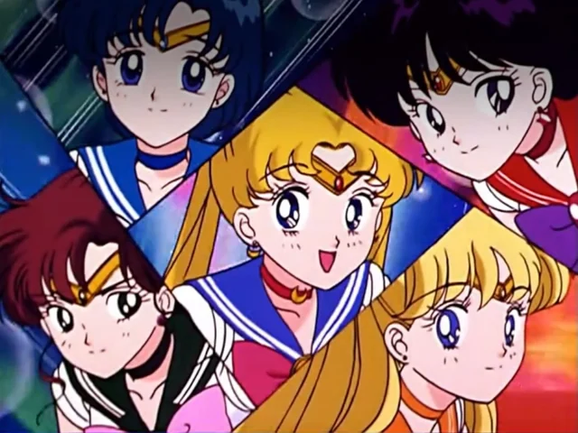 The five inner guardians in a split-diamond title card: Mercury, Mars, Moon, Jupiter and Venus, each in her own panel of colour
