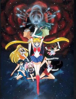 The R film poster, showing Sailor Moon and the guardians posed against a huge dark red rose in a starfield, with Mamoru and the film’s villain above them