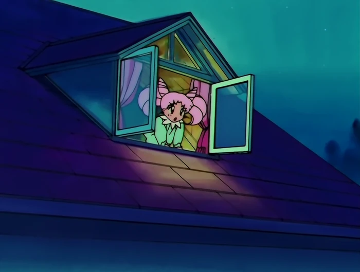 Chibiusa leaning out of an attic window under a star-flecked sky, the warm light of the room behind her the only light on the roof