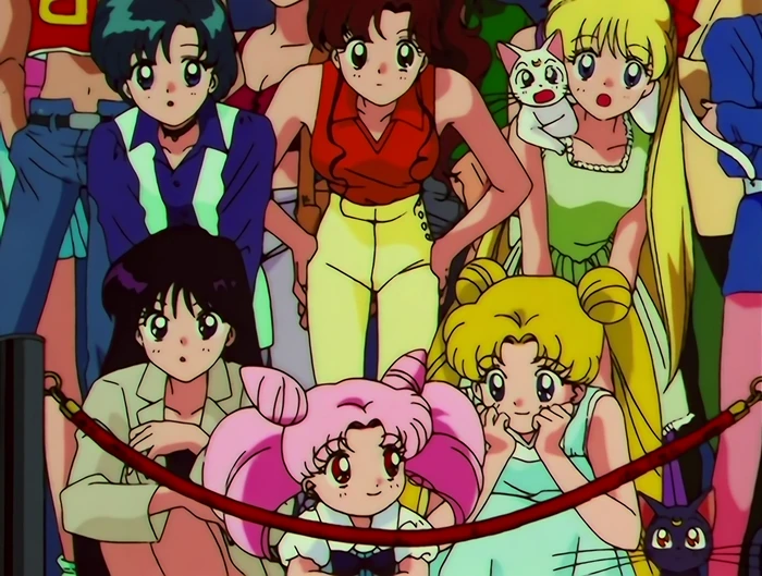 Chibiusa grinning at the front of the group as they crowd together behind a red rope, Usagi beside her with her chin in her hands and the two cats tucked in among them