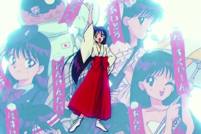 Rei in her white and red miko robes, one arm raised, standing bright and sharp at the centre while a dozen washed-out versions of her in other jobs (a uniform and cap, a bride, a basketball kit, a parasol) crowd the background behind her