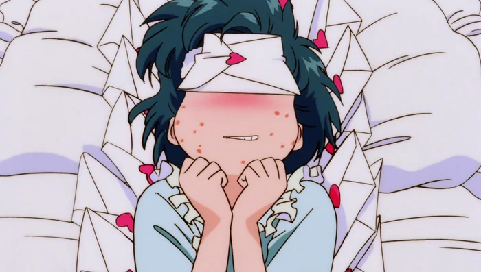 Ami flat on her back under a drift of love letters, one envelope fallen across her eyes, her face broken out