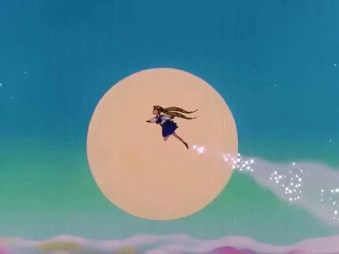 Sailor Moon in flight across the face of a large pale moon, a trail of sparkles behind her against a blue and green sky