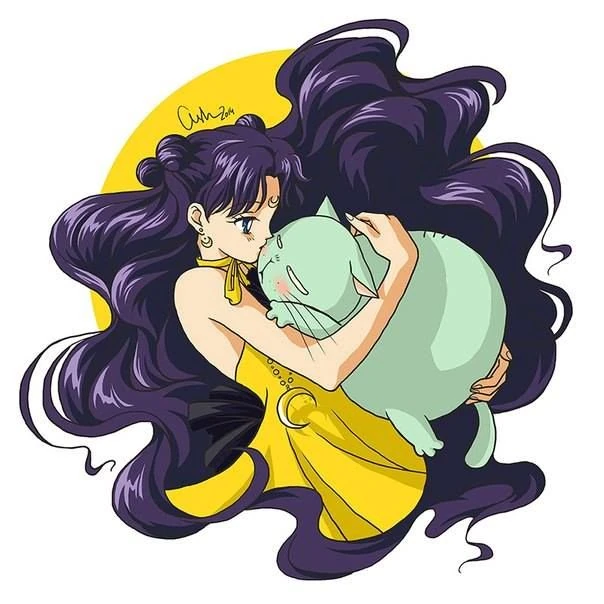 Fan art of Luna in human form, in her yellow dress with her long dark hair streaming, hugging a round, blushing Rhett Butler against a yellow circle, signed and dated 2014