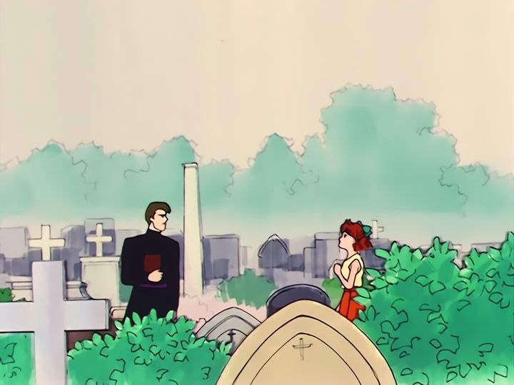 the cemetery, and the young man who sits down beside her