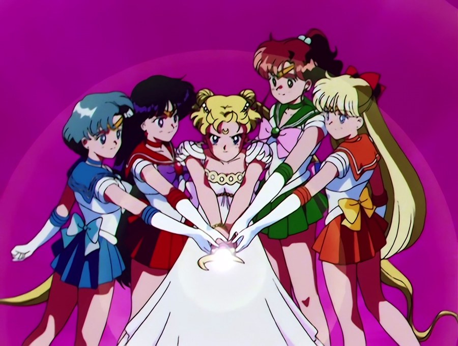 the five guardians gathered around Princess Serenity, hands together on the Silver Crystal