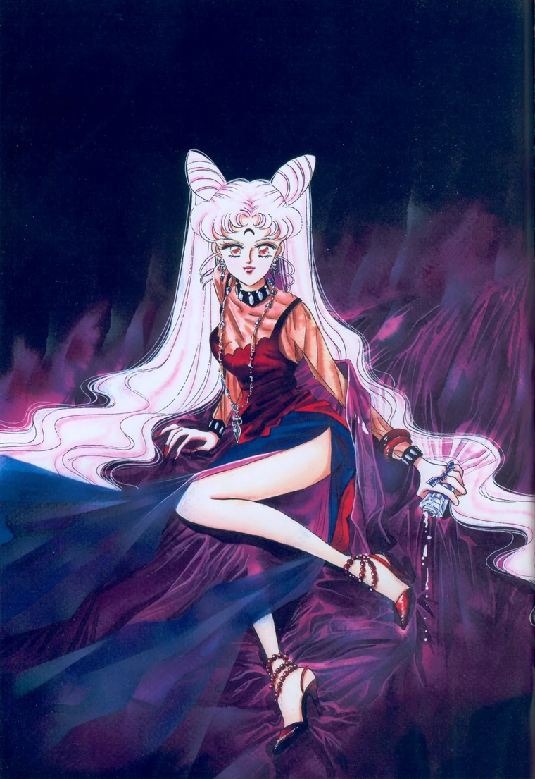 Takeuchi colour illustration of Black Lady seated in shadow, her hair fallen loose and pale around her, a crystal held out in one hand