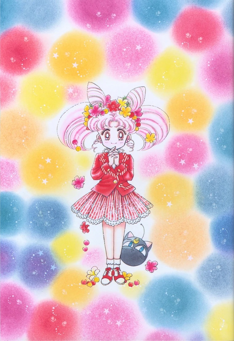 Takeuchi colour illustration of Chibiusa in a red jacket and striped skirt with flowers in her hair, hands clasped, Luna-P at her feet against a ground of soft colour, painted by Naoko Takeuchi