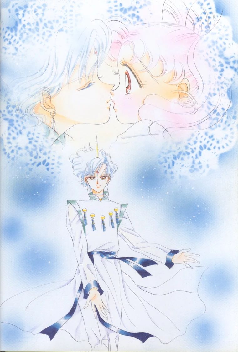 Takeuchi colour illustration of Chibiusa and Helios kissing among pale flecks of light, with Helios standing below in his white robes